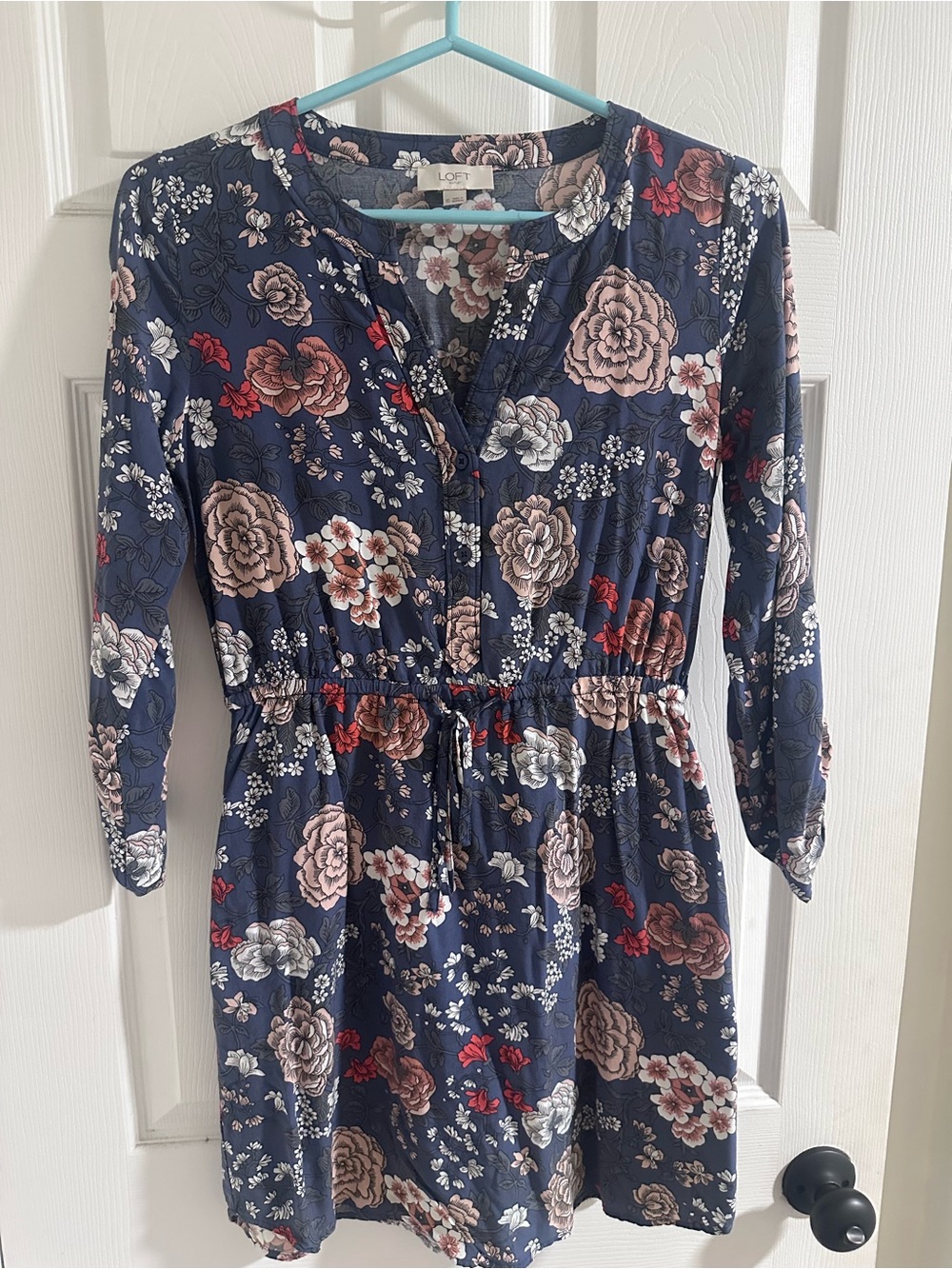 LOFT Navy Floral V‑Neck Drawstring Waist Dress